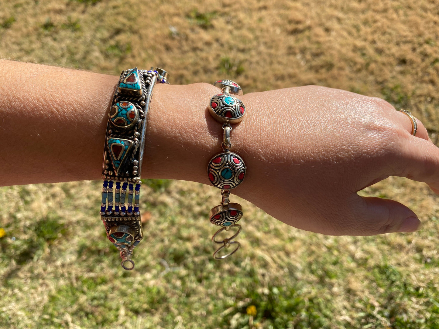 7 Inches Tibetan Designs Bracelet, Made with Tibetan Silver, Coral, Turquoise and Lapis Inlayed,