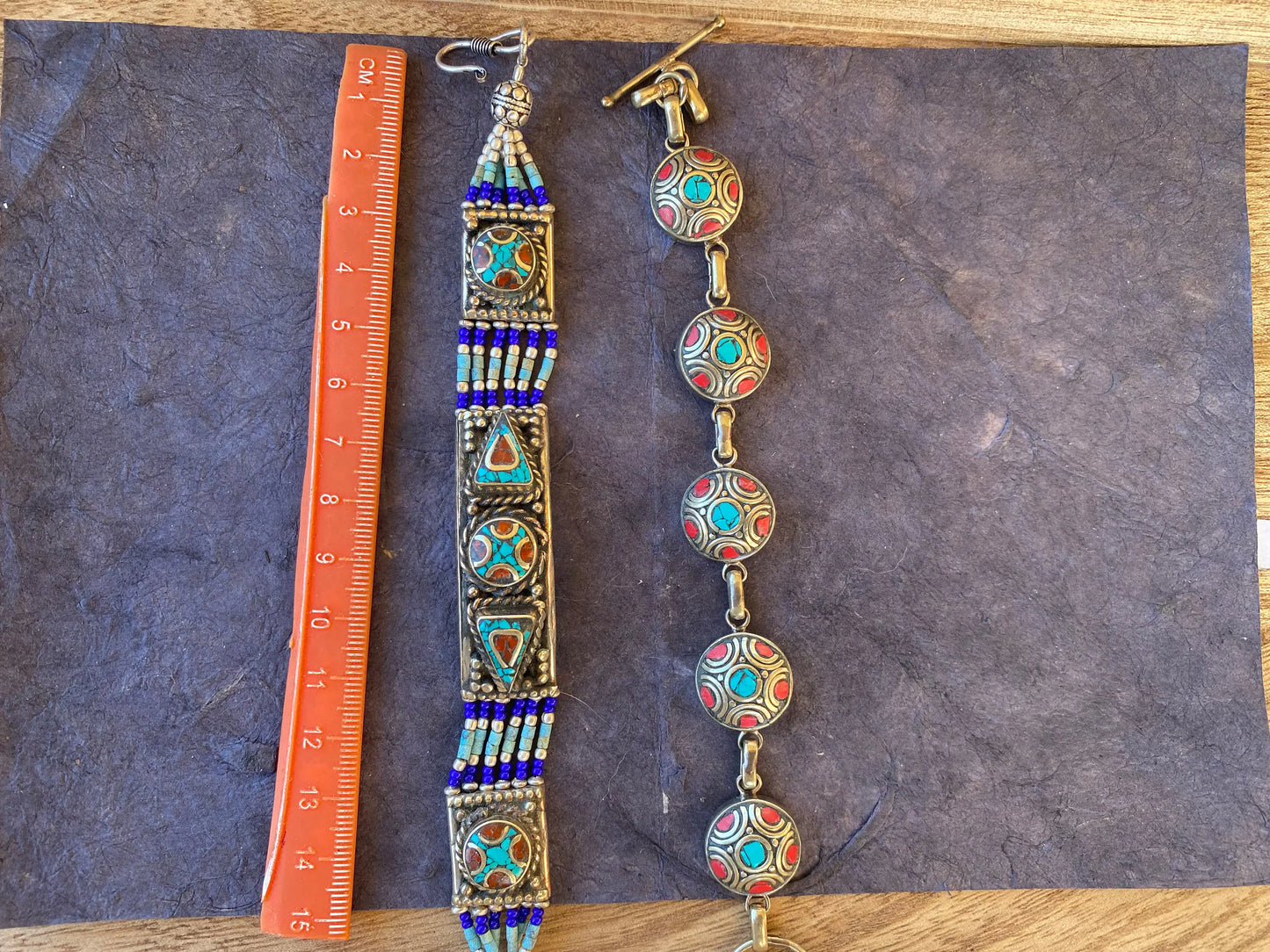7 Inches Tibetan Designs Bracelet, Made with Tibetan Silver, Coral, Turquoise and Lapis Inlayed,