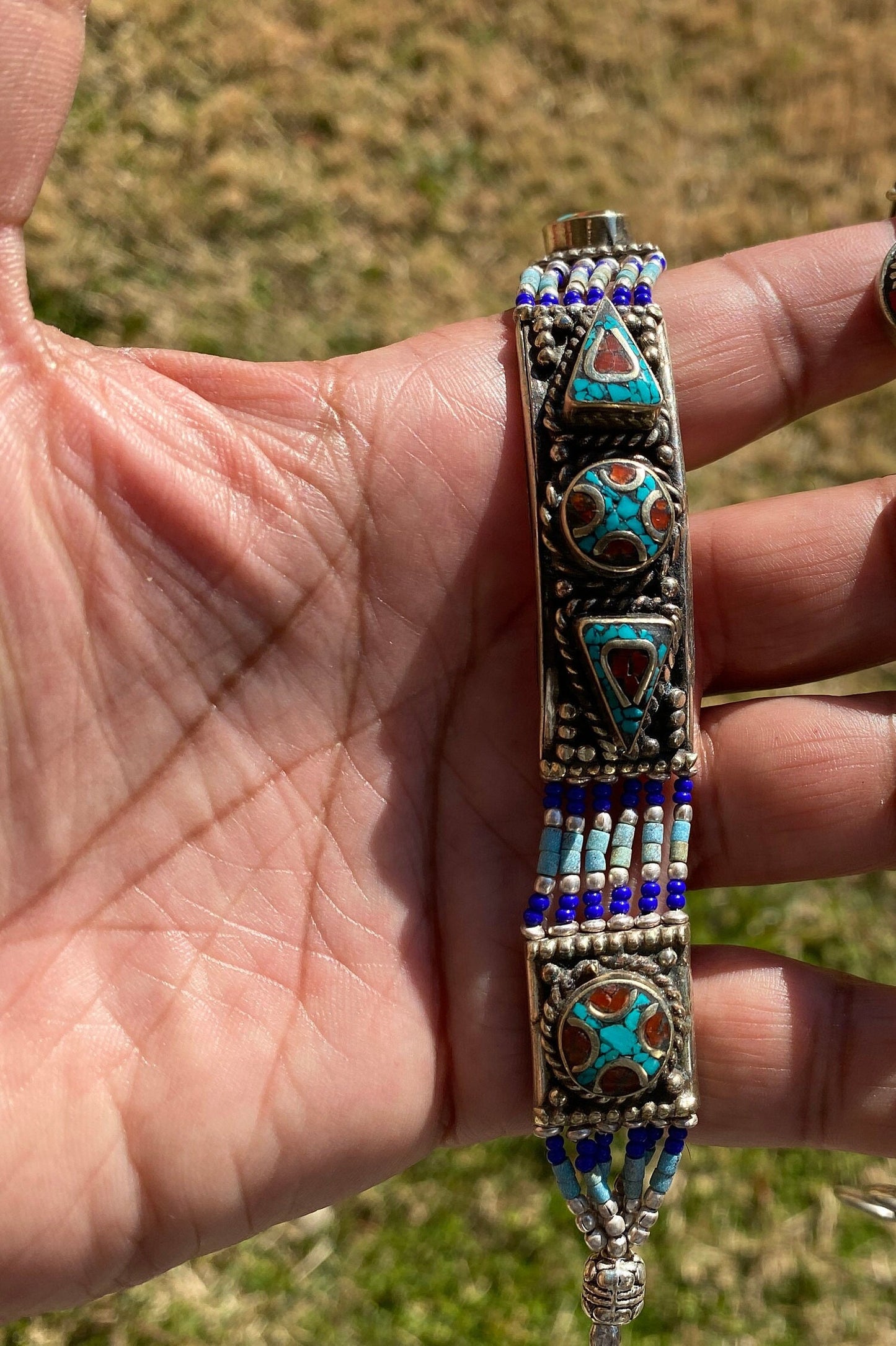 7 Inches Tibetan Designs Bracelet, Made with Tibetan Silver, Coral, Turquoise and Lapis Inlayed,