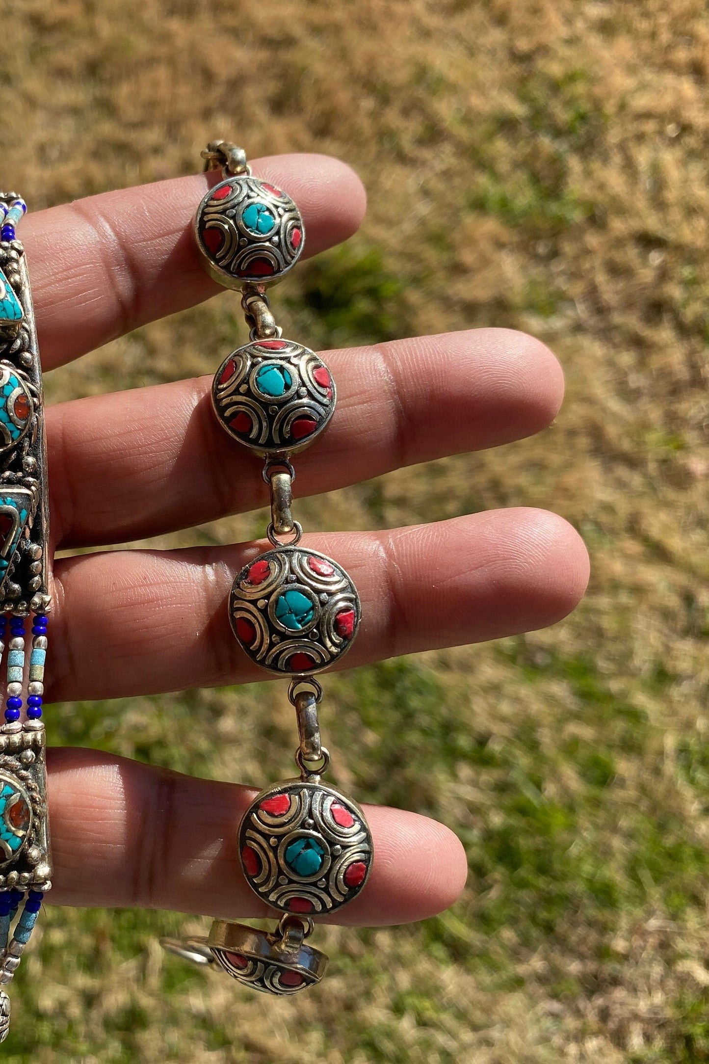 7 Inches Tibetan Designs Bracelet, Made with Tibetan Silver, Coral, Turquoise and Lapis Inlayed,