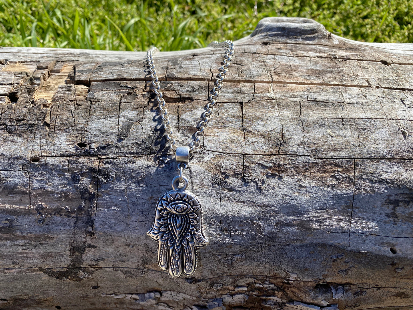 Adjustable 24" Long 5 mm Rollo Chain with Hamsa Pendant Necklace, S - Hook Closure, Brushed Silver Overlay, Ancient Purity Symbol