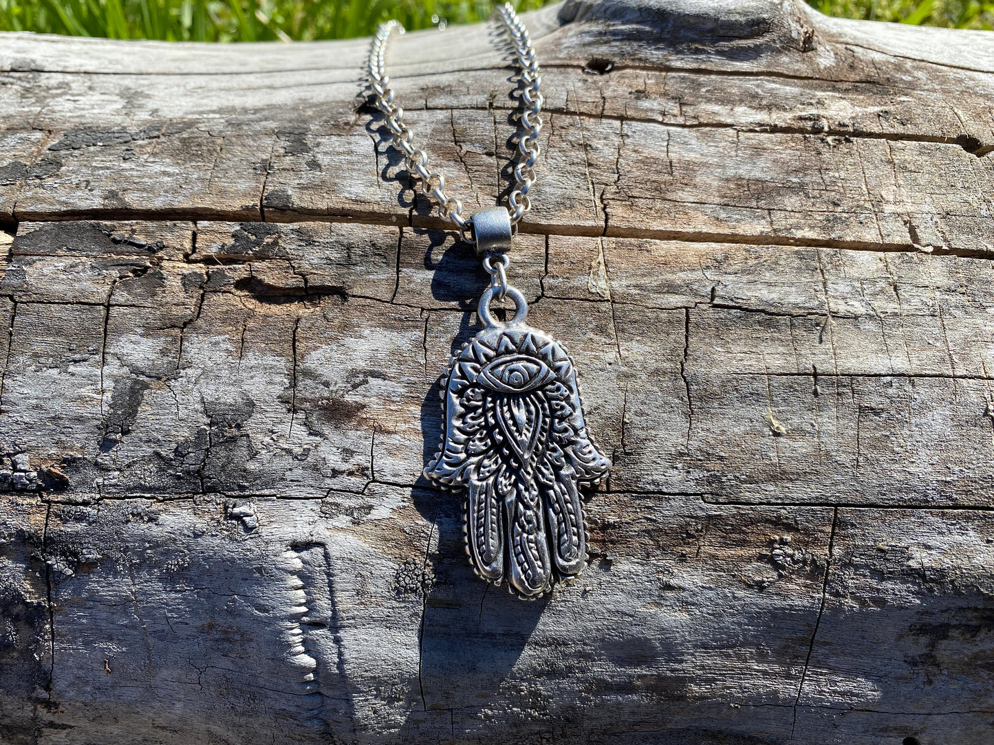 Adjustable 24" Long 5 mm Rollo Chain with Hamsa Pendant Necklace, S - Hook Closure, Brushed Silver Overlay, Ancient Purity Symbol