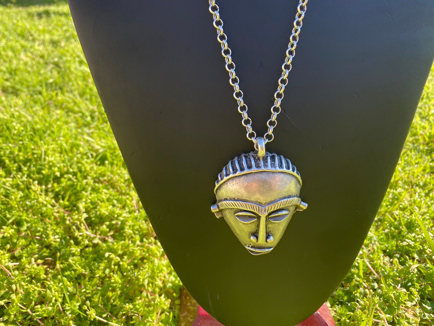 Adjustable 32" Long 5 mm Rollo Chain Necklace with Antique Silver Tone African Tribal Mask Pendant, Ethnic Jewelry, African Jewelry