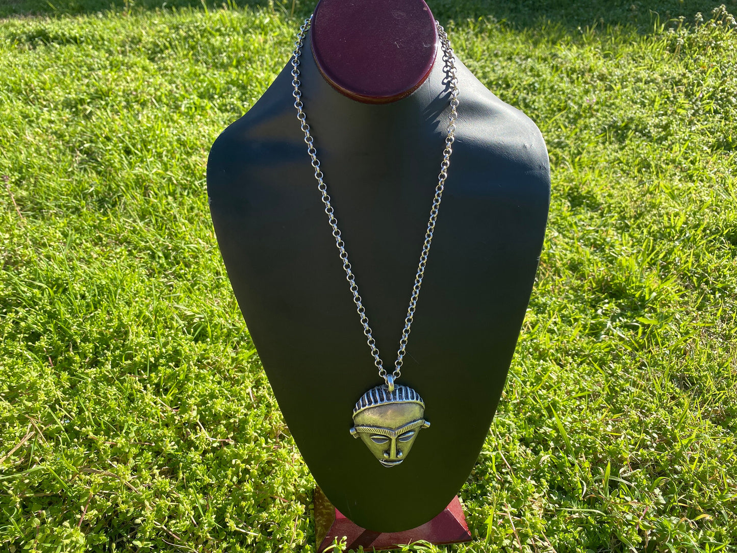 Adjustable 32" Long 5 mm Rollo Chain Necklace with Antique Silver Tone African Tribal Mask Pendant, Ethnic Jewelry, African Jewelry