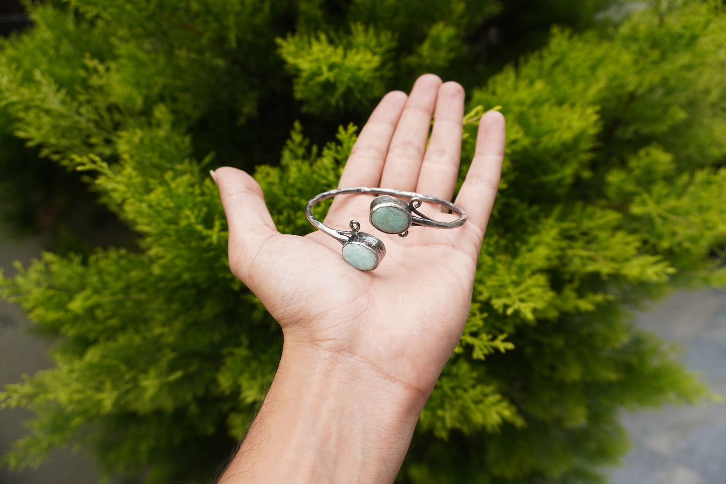 Adjustable Amazonite Bangle | Oxidize Silver Overlay Jewelry, Antique Silver Finish Cuff Bracelet, Adjustable Cuff Bracelet, Unique Jewelry