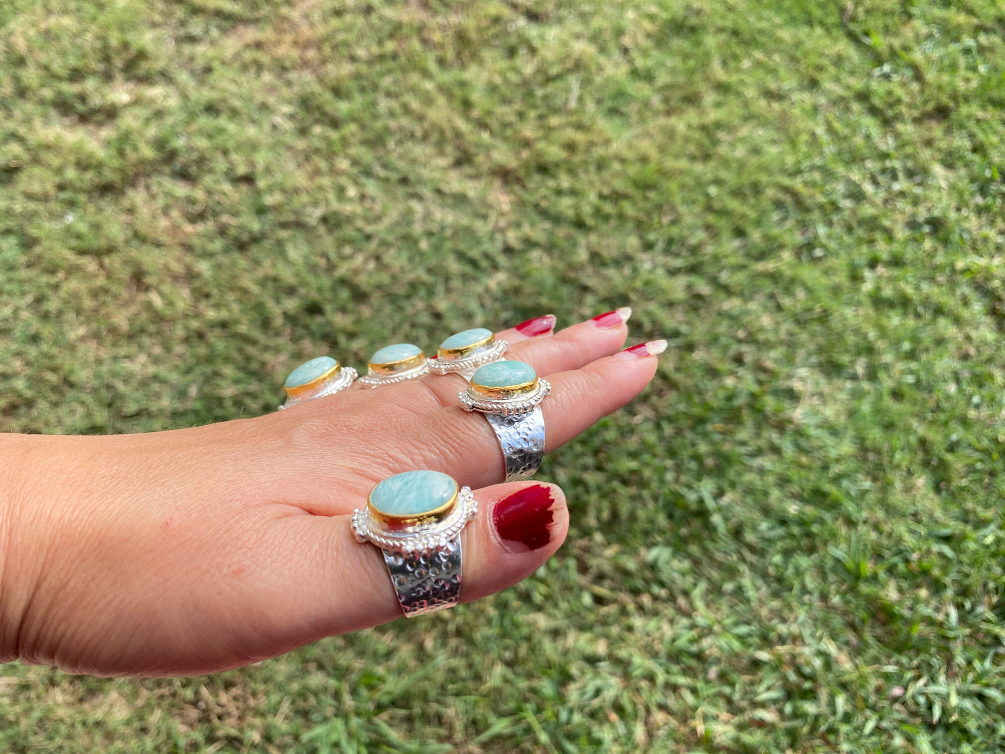 Adjustable Amazonite Natural Stone Two Tone Ring, Gold and Silver Overlay, Handmade Ring, Women Jewelry, Bohemian Jewelry, Energy Stone Ring