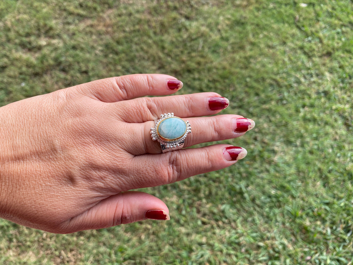 Adjustable Amazonite Natural Stone Two Tone Ring, Gold and Silver Overlay, Handmade Ring, Women Jewelry, Bohemian Jewelry, Energy Stone Ring