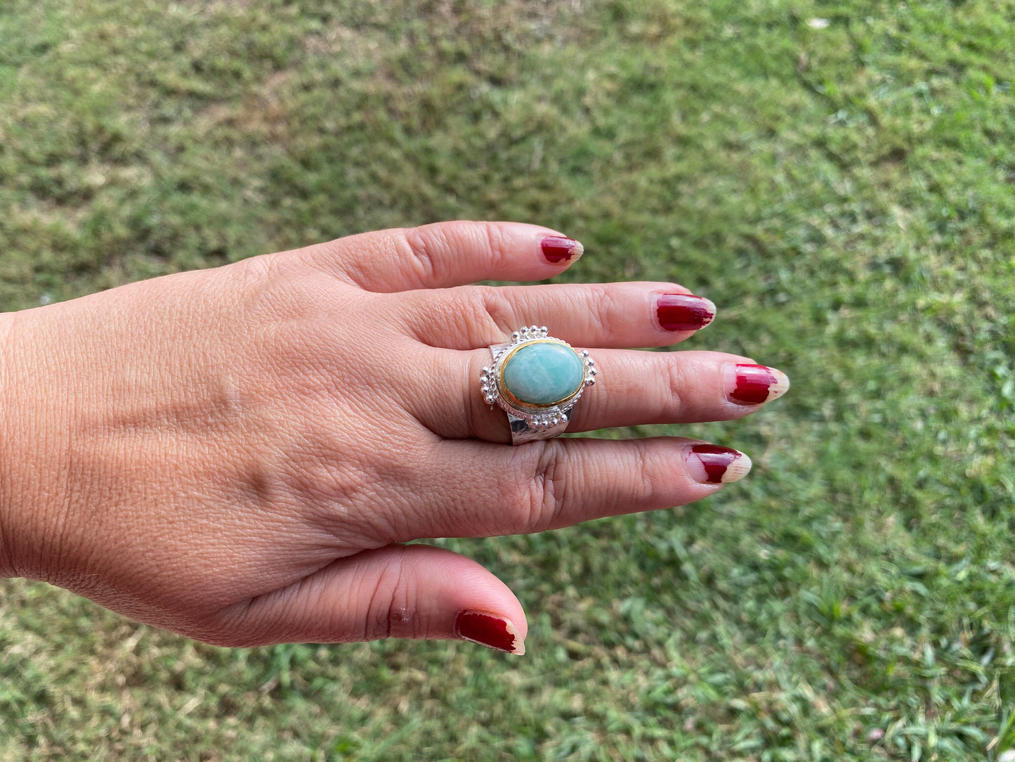 Adjustable Amazonite Natural Stone Two Tone Ring, Gold and Silver Overlay, Handmade Ring, Women Jewelry, Bohemian Jewelry, Energy Stone Ring