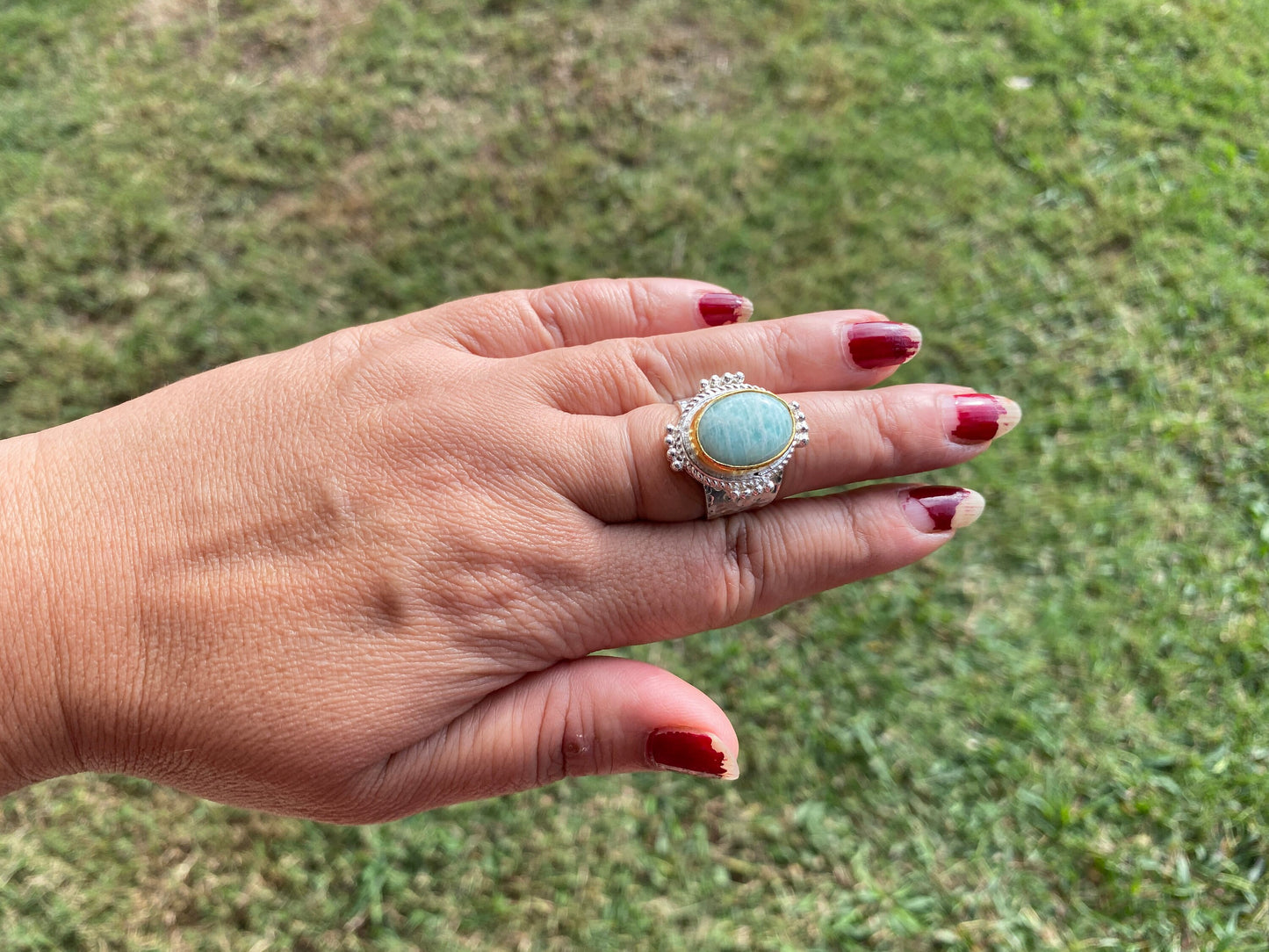 Adjustable Amazonite Natural Stone Two Tone Ring, Gold and Silver Overlay, Handmade Ring, Women Jewelry, Bohemian Jewelry, Energy Stone Ring