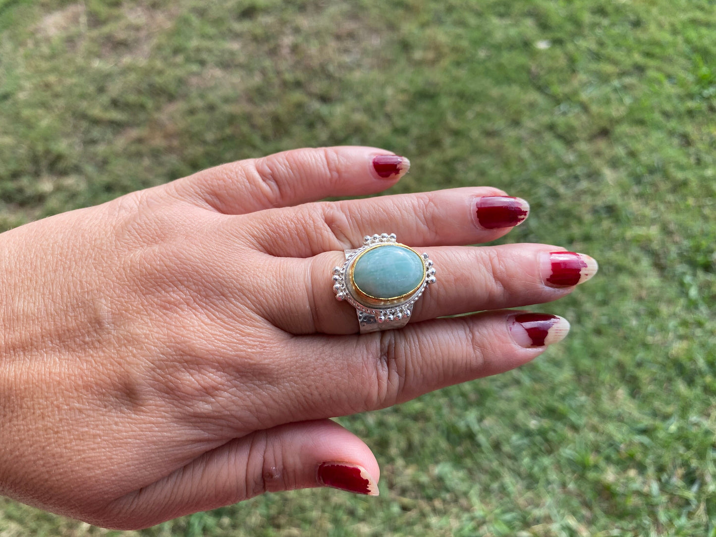 Adjustable Amazonite Natural Stone Two Tone Ring, Gold and Silver Overlay, Handmade Ring, Women Jewelry, Bohemian Jewelry, Energy Stone Ring