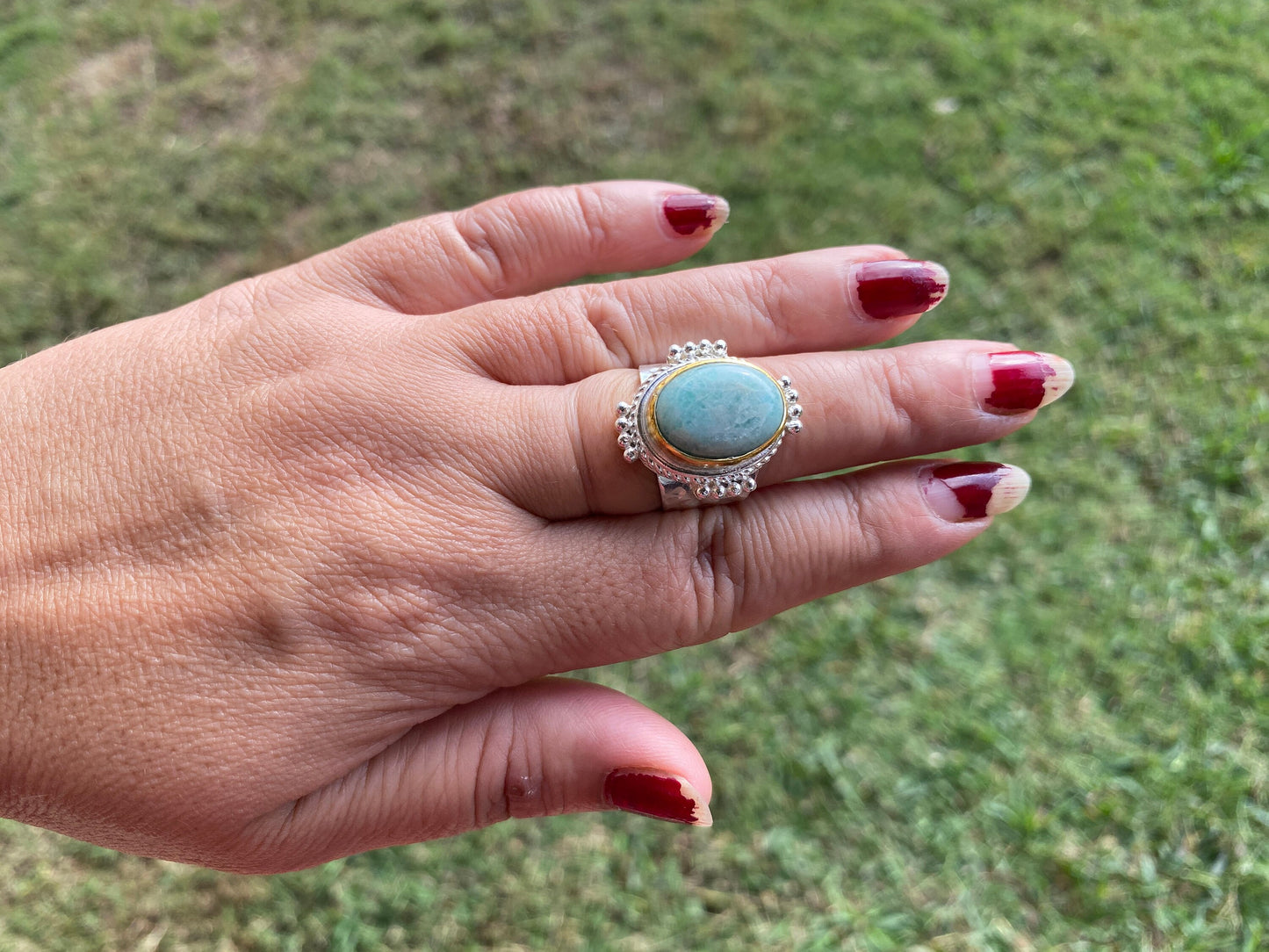 Adjustable Amazonite Natural Stone Two Tone Ring, Gold and Silver Overlay, Handmade Ring, Women Jewelry, Bohemian Jewelry, Energy Stone Ring
