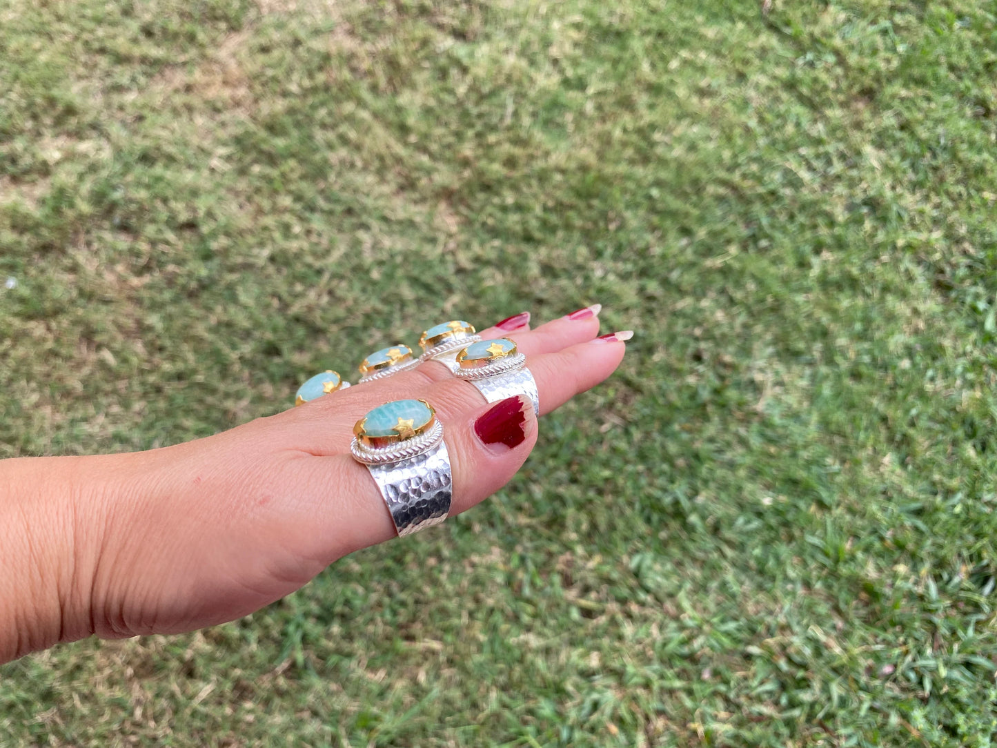 Adjustable Amazonite Natural Stone Two Tone Ring, Gold and Silver Overlay, Handmade Ring, Women Jewelry, Bohemian Jewelry, Energy Stone Ring