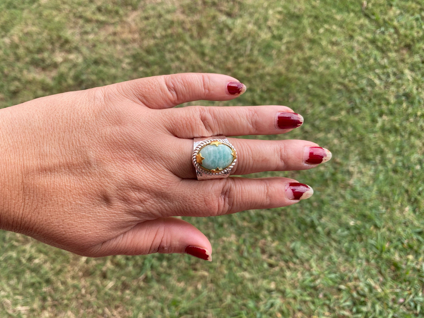Adjustable Amazonite Natural Stone Two Tone Ring, Gold and Silver Overlay, Handmade Ring, Women Jewelry, Bohemian Jewelry, Energy Stone Ring