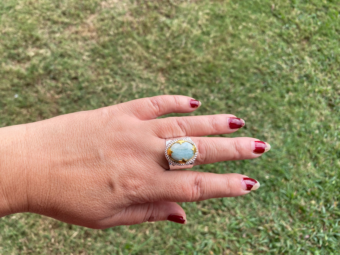 Adjustable Amazonite Natural Stone Two Tone Ring, Gold and Silver Overlay, Handmade Ring, Women Jewelry, Bohemian Jewelry, Energy Stone Ring