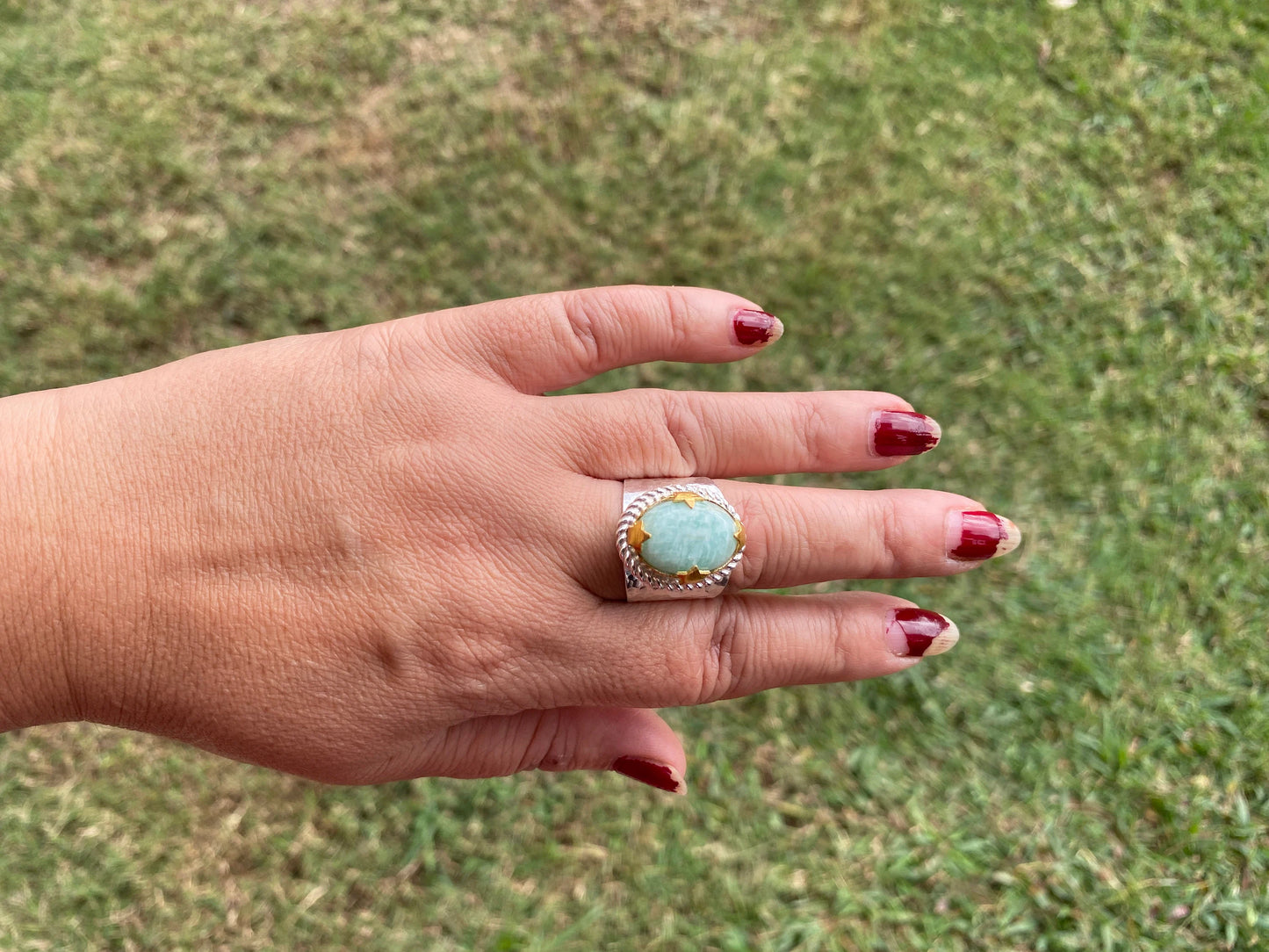 Adjustable Amazonite Natural Stone Two Tone Ring, Gold and Silver Overlay, Handmade Ring, Women Jewelry, Bohemian Jewelry, Energy Stone Ring