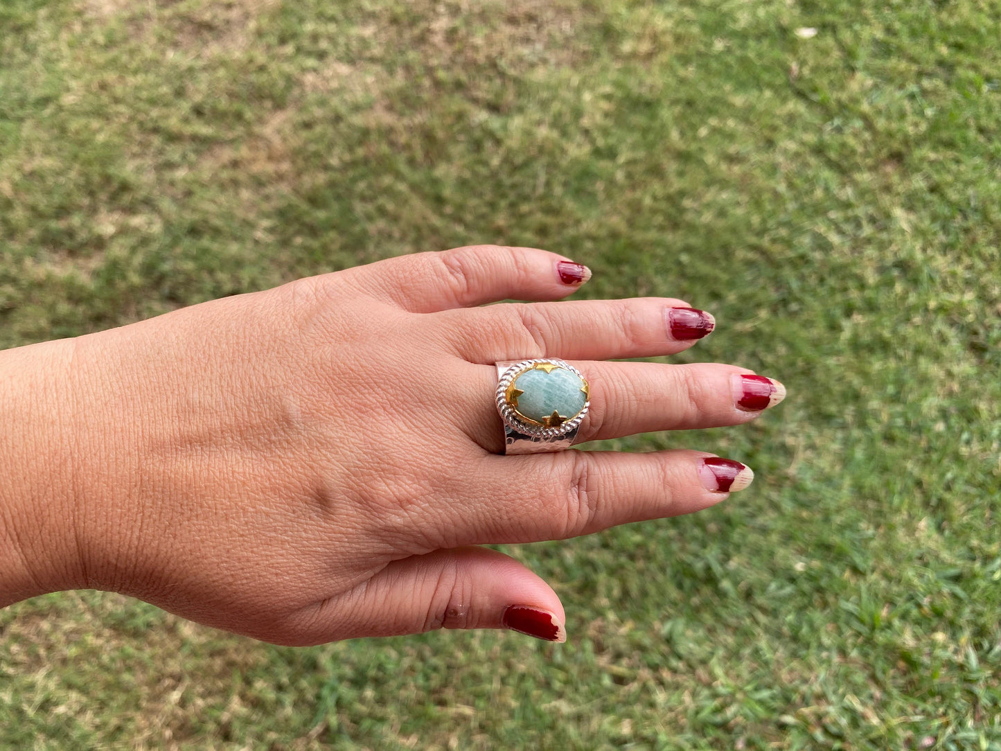 Adjustable Amazonite Natural Stone Two Tone Ring, Gold and Silver Overlay, Handmade Ring, Women Jewelry, Bohemian Jewelry, Energy Stone Ring