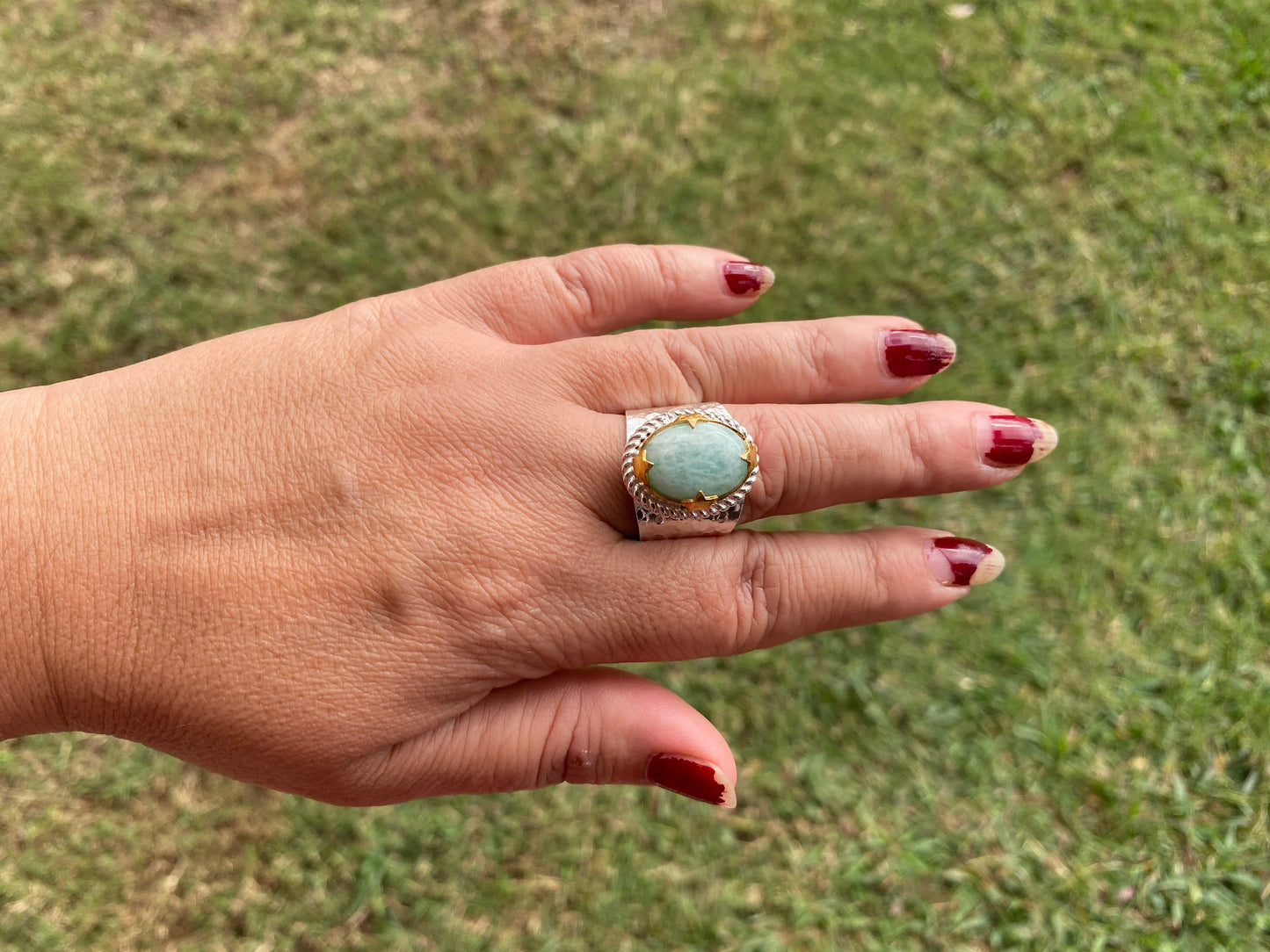 Adjustable Amazonite Natural Stone Two Tone Ring, Gold and Silver Overlay, Handmade Ring, Women Jewelry, Bohemian Jewelry, Energy Stone Ring