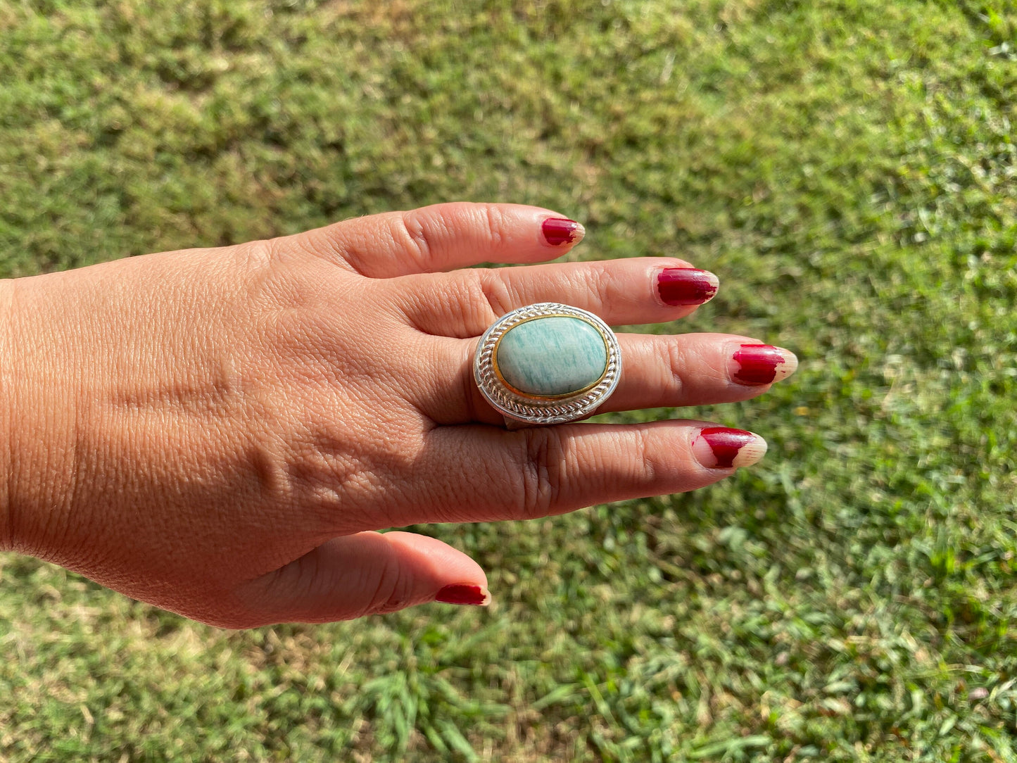 Adjustable Amazonite Two Tone Ring, Gold and Silver Overlay, Natural Stone Handmade Ring, Women Jewelry, Bohemian Jewelry, Energy Stone Ring