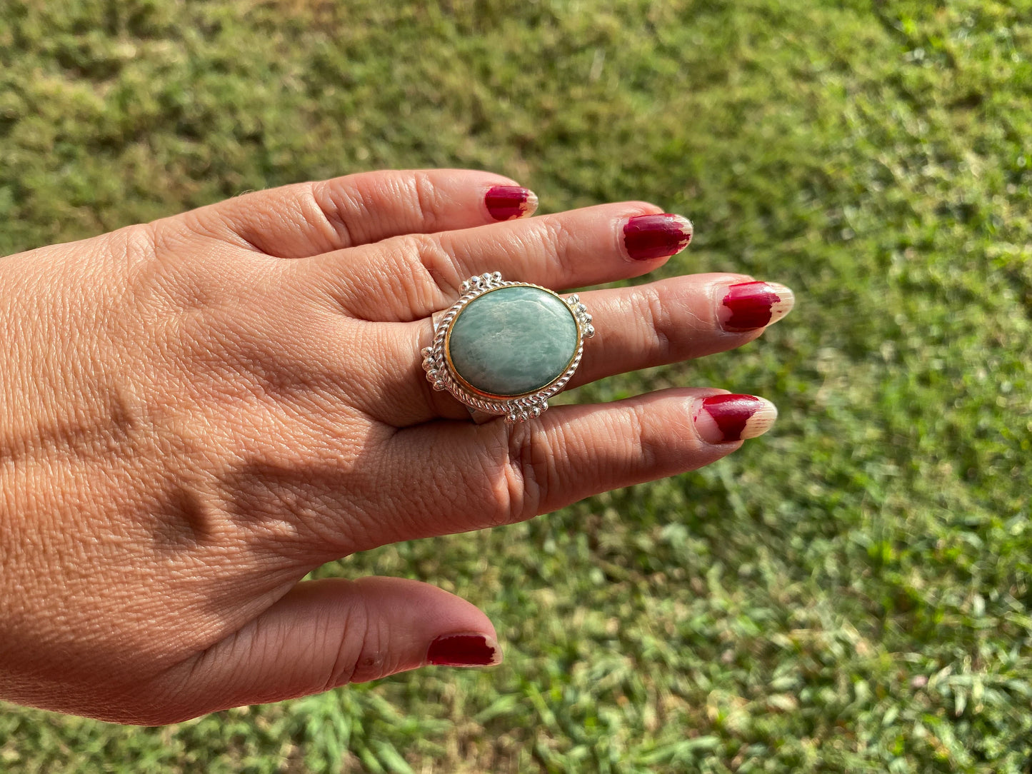 Adjustable Amazonite Two Tone Ring, Gold and Silver Overlay, Natural Stone Handmade Ring, Women Jewelry, Bohemian Jewelry, Energy Stone Ring