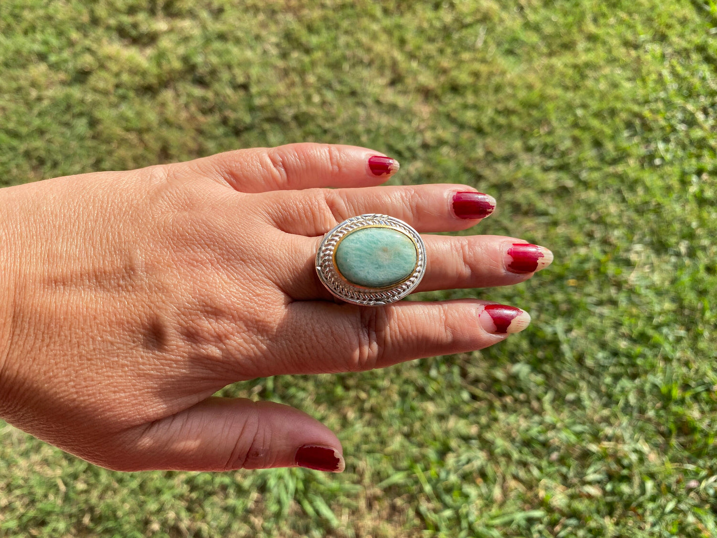Adjustable Amazonite Two Tone Ring, Gold and Silver Overlay, Natural Stone Handmade Ring, Women Jewelry, Bohemian Jewelry, Energy Stone Ring