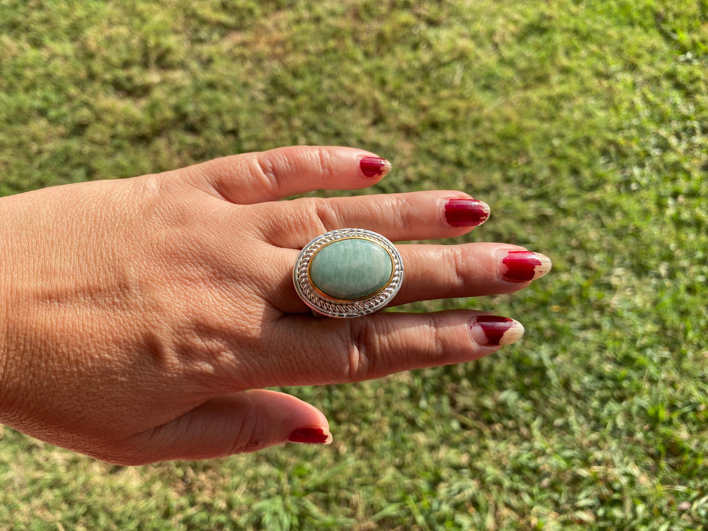 Adjustable Amazonite Two Tone Ring, Gold and Silver Overlay, Natural Stone Handmade Ring, Women Jewelry, Bohemian Jewelry, Energy Stone Ring