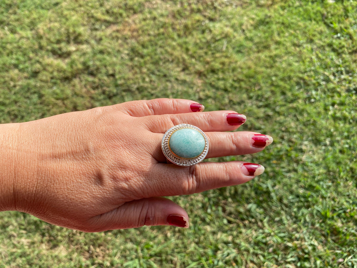 Adjustable Amazonite Two Tone Ring, Gold and Silver Overlay, Natural Stone Handmade Ring, Women Jewelry, Bohemian Jewelry, Energy Stone Ring