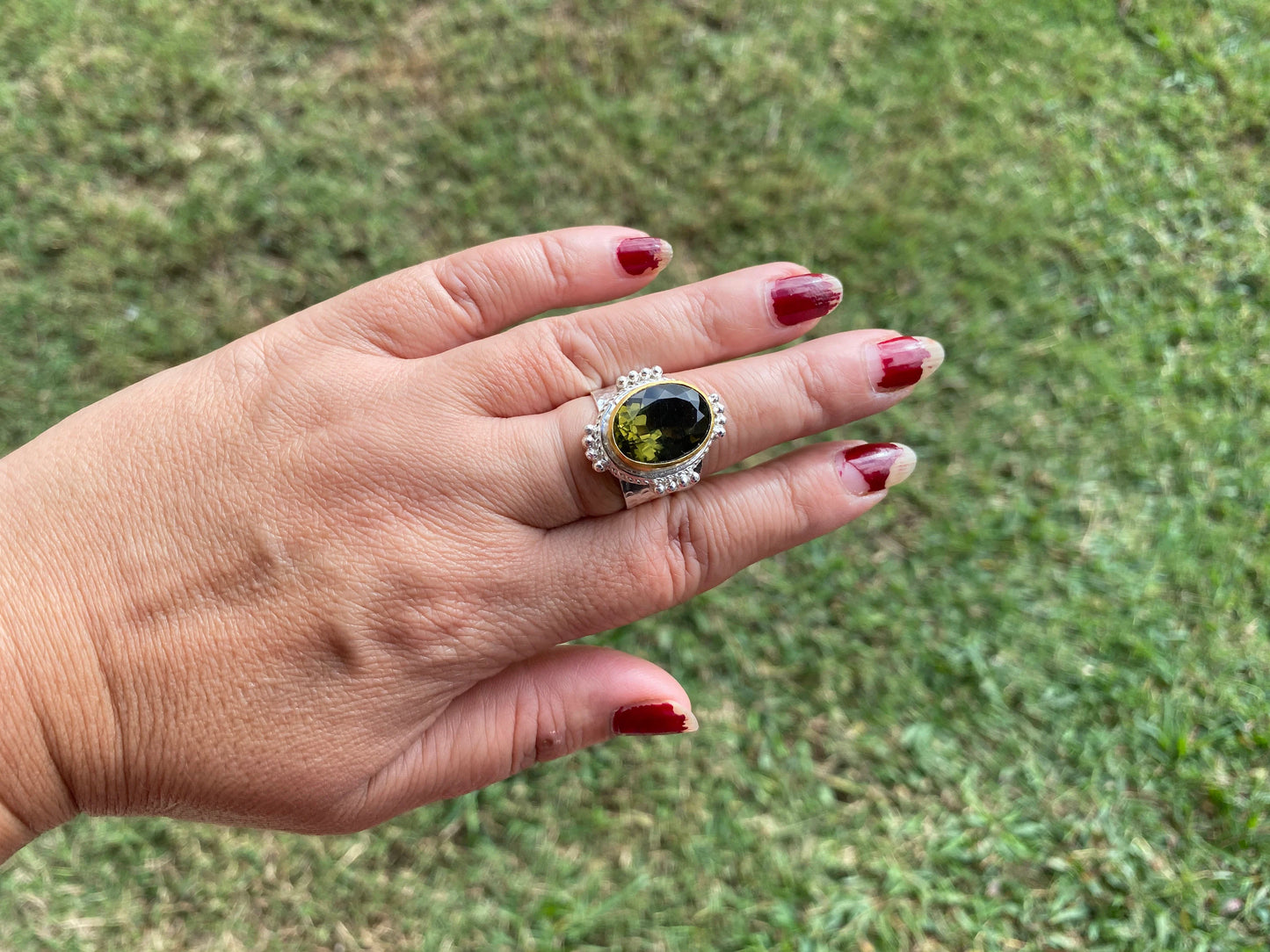 Adjustable Apatite Gemstone Two Tone Ring, Gold and Silver Overlay, Handmade Ring, Women Jewelry, Bohemian Jewelry, Energy Stone Ring