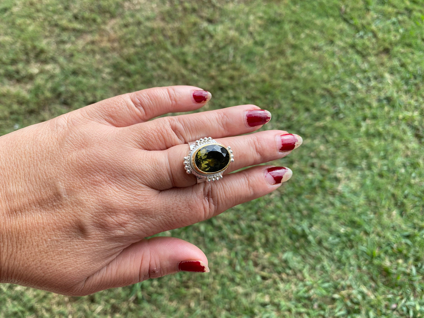 Adjustable Apatite Gemstone Two Tone Ring, Gold and Silver Overlay, Handmade Ring, Women Jewelry, Bohemian Jewelry, Energy Stone Ring