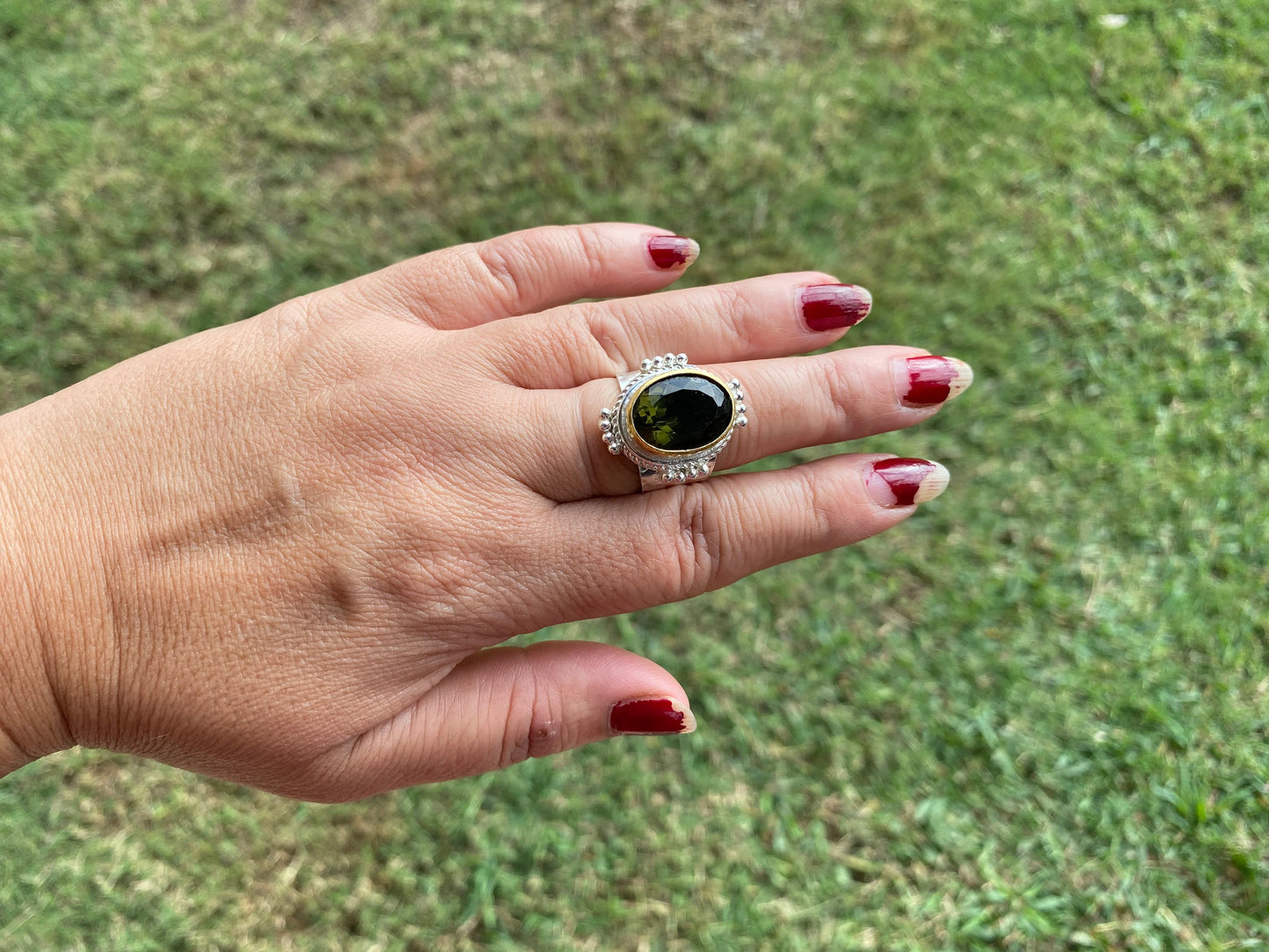Adjustable Apatite Gemstone Two Tone Ring, Gold and Silver Overlay, Handmade Ring, Women Jewelry, Bohemian Jewelry, Energy Stone Ring
