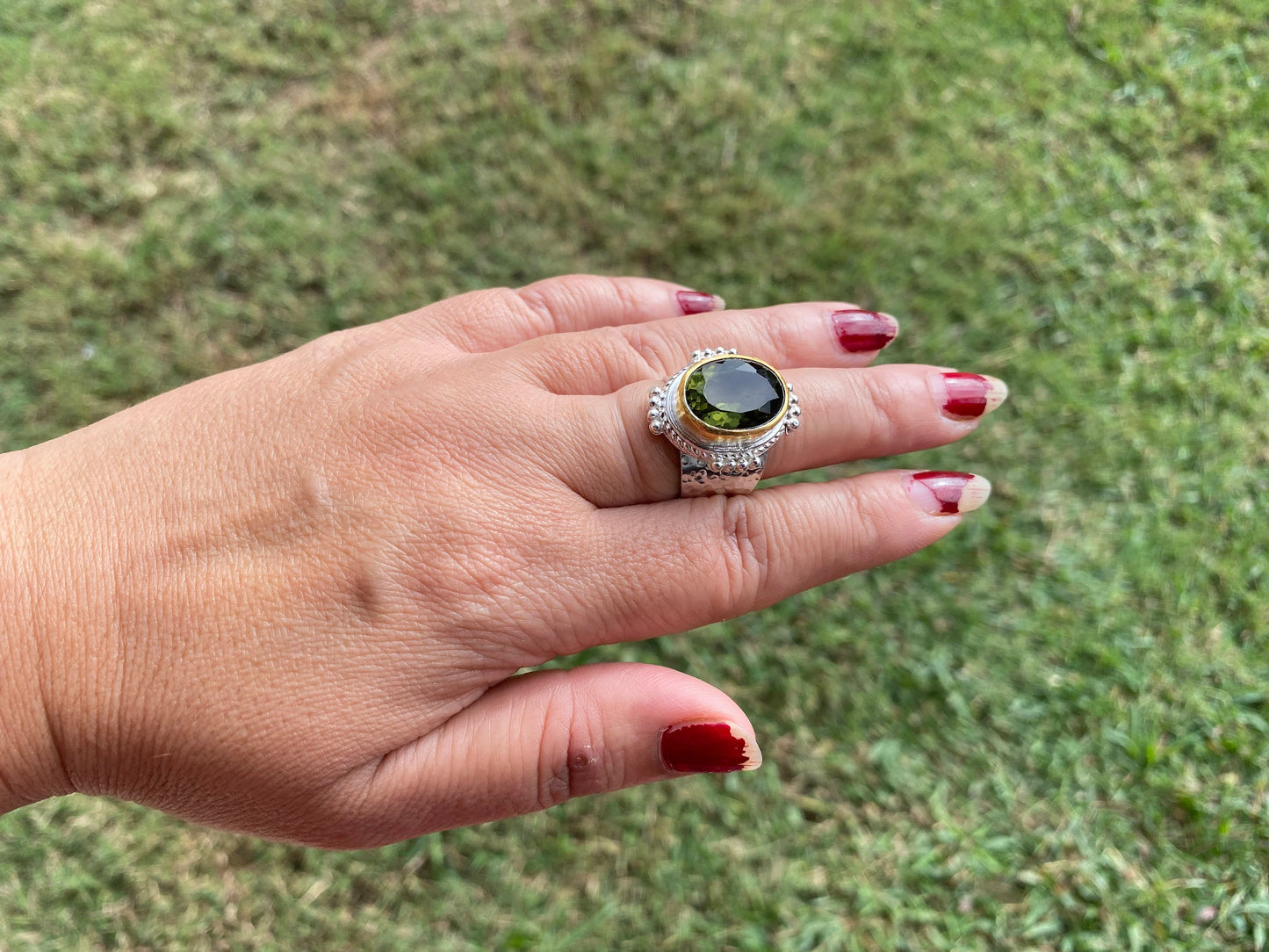 Adjustable Apatite Gemstone Two Tone Ring, Gold and Silver Overlay, Handmade Ring, Women Jewelry, Bohemian Jewelry, Energy Stone Ring