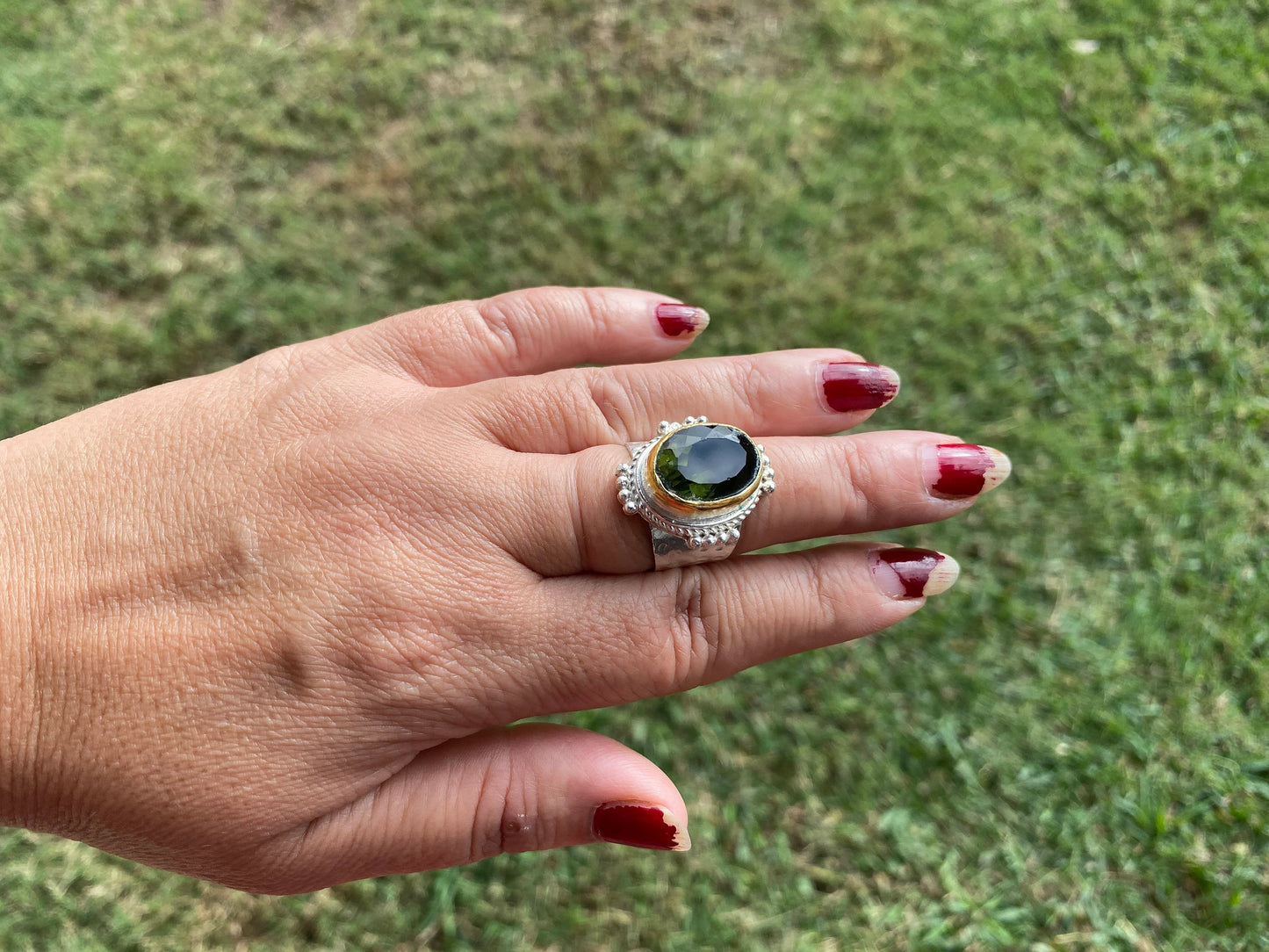 Adjustable Apatite Gemstone Two Tone Ring, Gold and Silver Overlay, Handmade Ring, Women Jewelry, Bohemian Jewelry, Energy Stone Ring