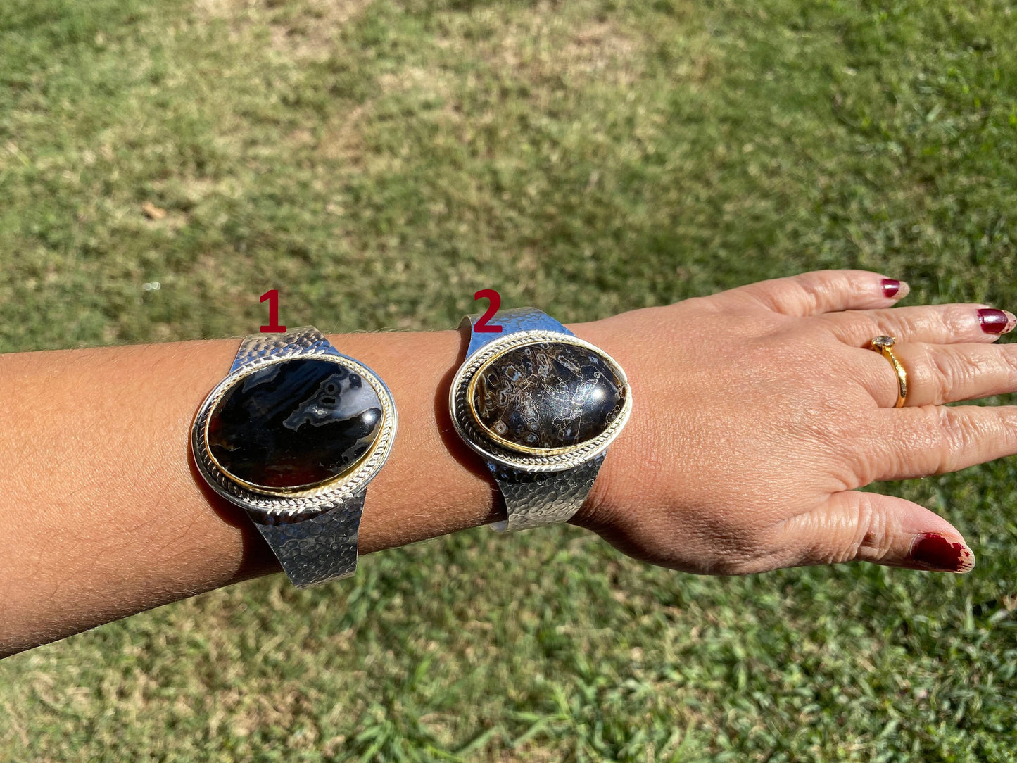 Adjustable Banded Agate Natural Stone Wide Band Cuff, Brushed Gold with Silver Overlay, Hammered Bracelet, Wide Cuff, Handcrafted Jewelry