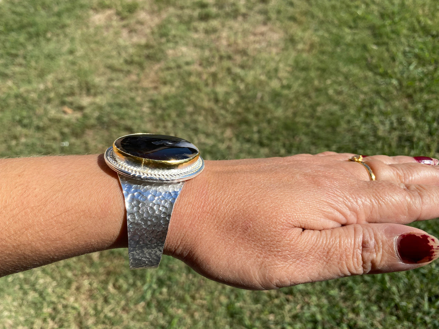 Adjustable Banded Agate Natural Stone Wide Band Cuff, Brushed Gold with Silver Overlay, Hammered Bracelet, Wide Cuff, Handcrafted Jewelry
