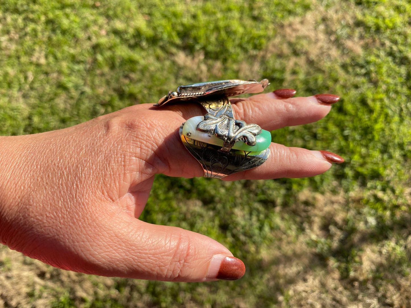 Adjustable Chalcedony Natural Stone Tibetan Silver Ring, Natural Stone Ring, Designer Ring, Bohemian Rings, Statement Ring, Green Stone Ring