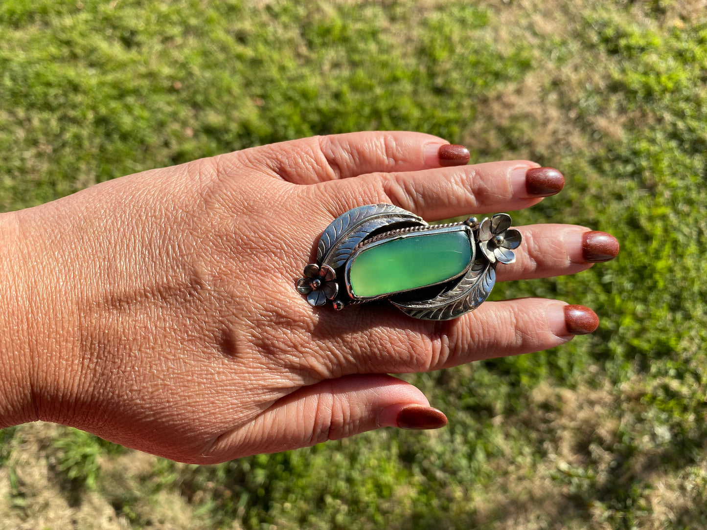 Adjustable Chalcedony Natural Stone Tibetan Silver Ring, Natural Stone Ring, Designer Ring, Bohemian Rings, Statement Ring, Green Stone Ring