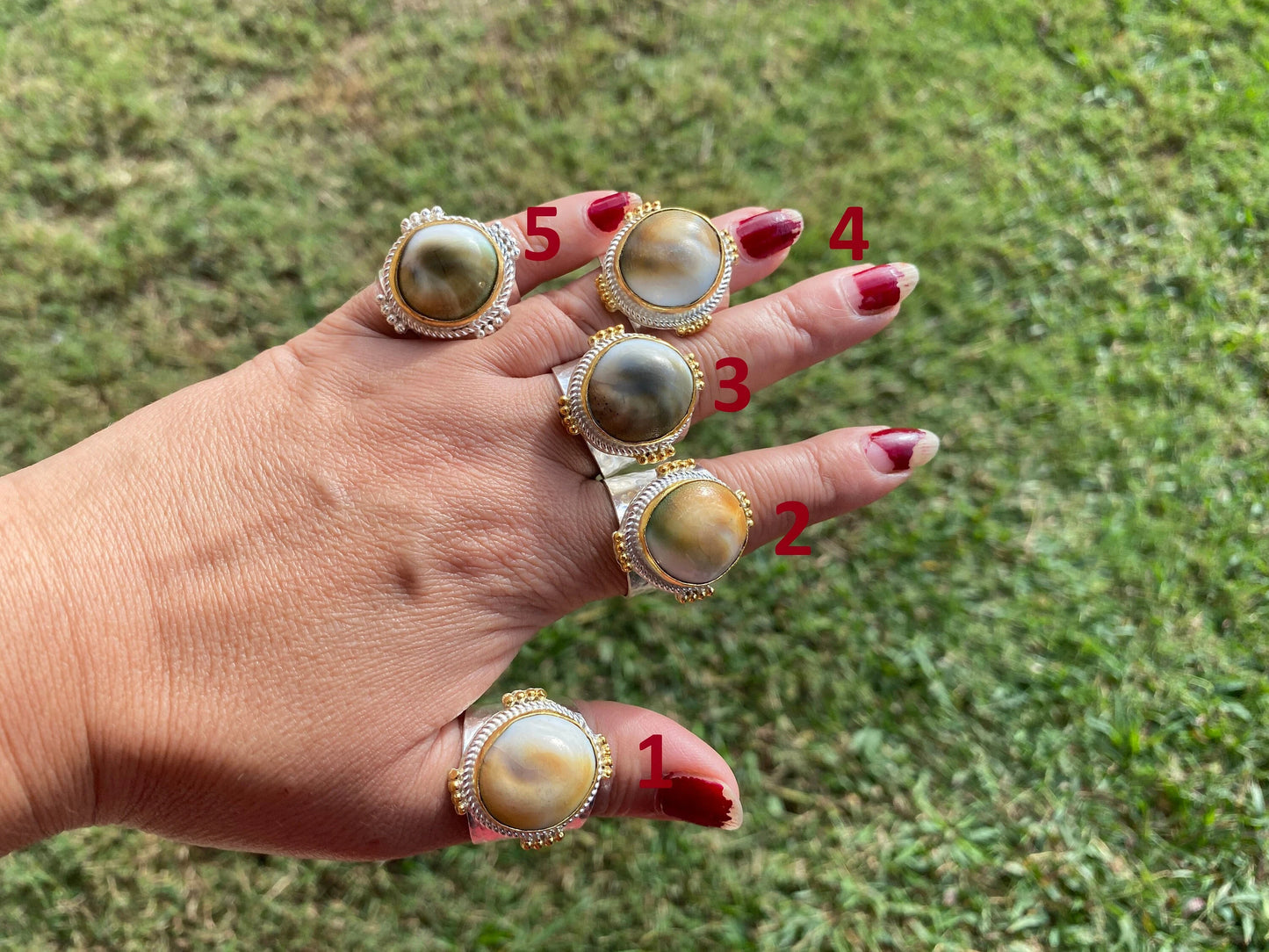 Adjustable Crunch Shell Two Tone Ring, Brushed Gold and Silver Overlay, Wide Band, Hippie Ring, Hammered Ring, Marine Inspired Ring