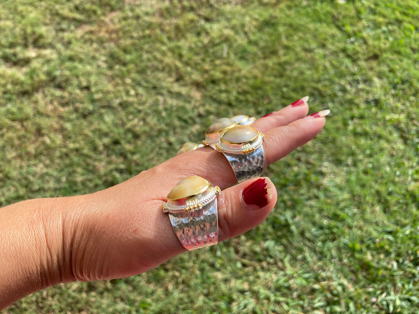 Adjustable Crunch Shell Two Tone Ring, Brushed Gold and Silver Overlay, Wide Band, Hippie Ring, Hammered Ring, Marine Inspired Ring