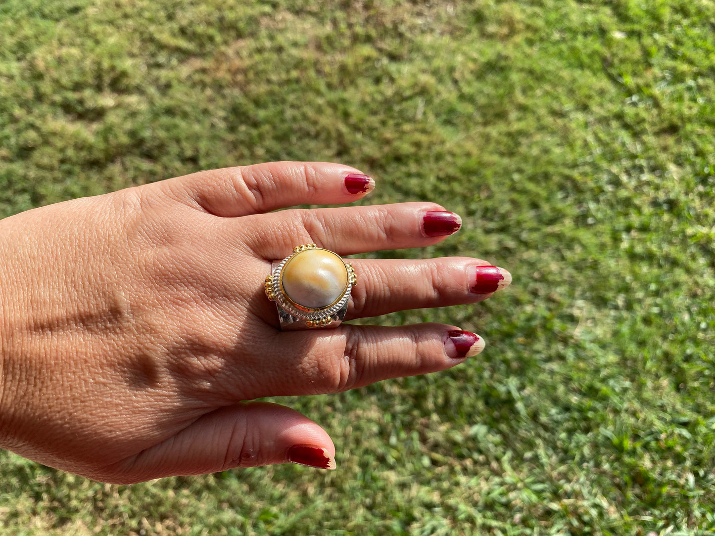 Adjustable Crunch Shell Two Tone Ring, Brushed Gold and Silver Overlay, Wide Band, Hippie Ring, Hammered Ring, Marine Inspired Ring