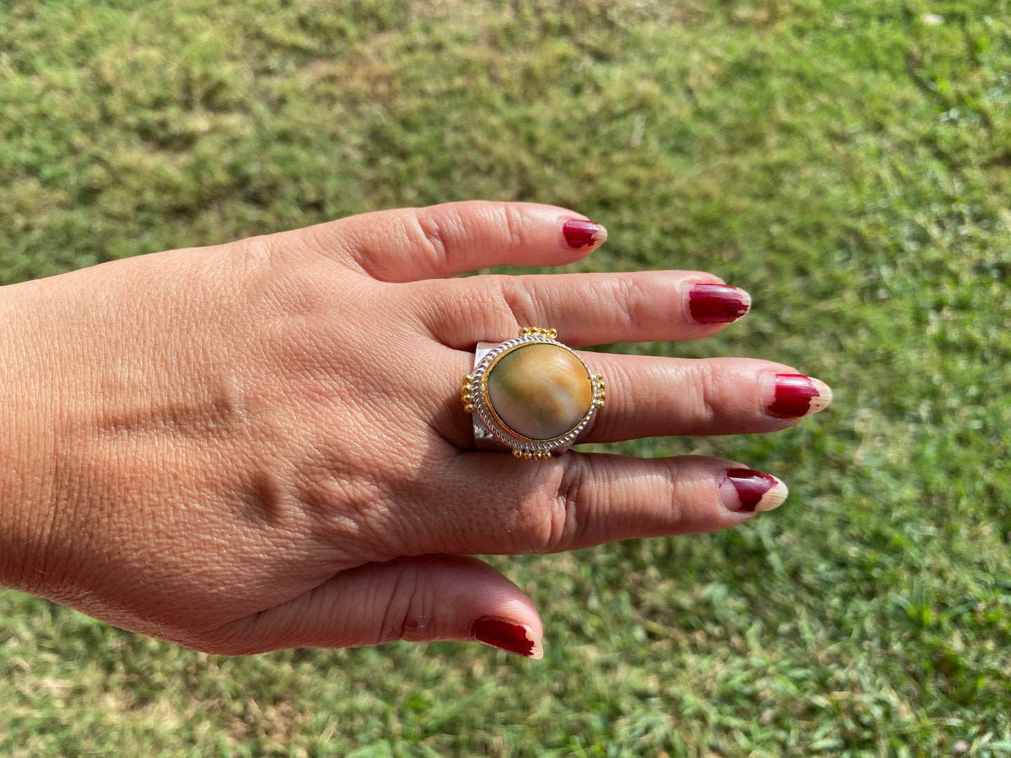 Adjustable Crunch Shell Two Tone Ring, Brushed Gold and Silver Overlay, Wide Band, Hippie Ring, Hammered Ring, Marine Inspired Ring