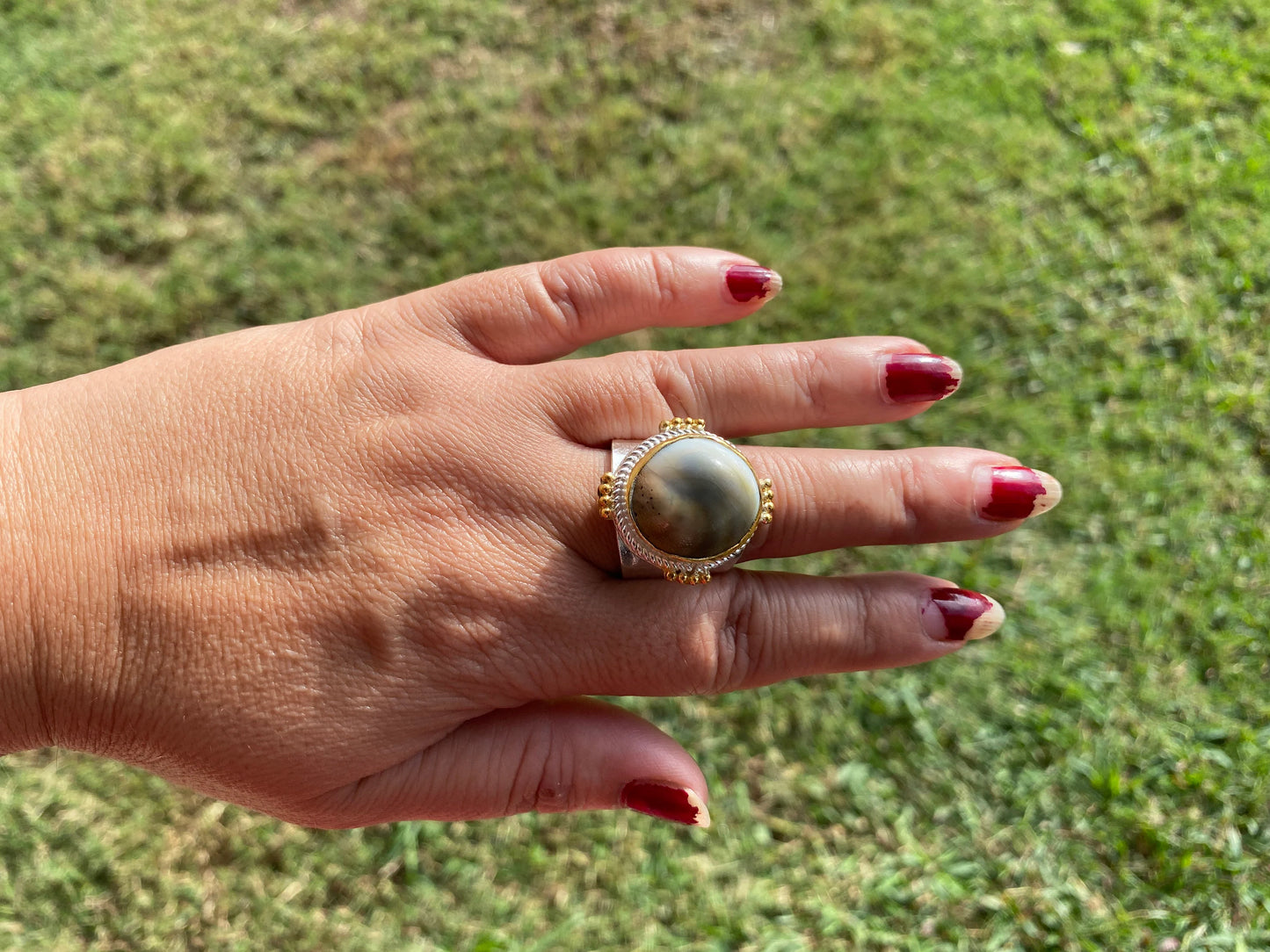 Adjustable Crunch Shell Two Tone Ring, Brushed Gold and Silver Overlay, Wide Band, Hippie Ring, Hammered Ring, Marine Inspired Ring