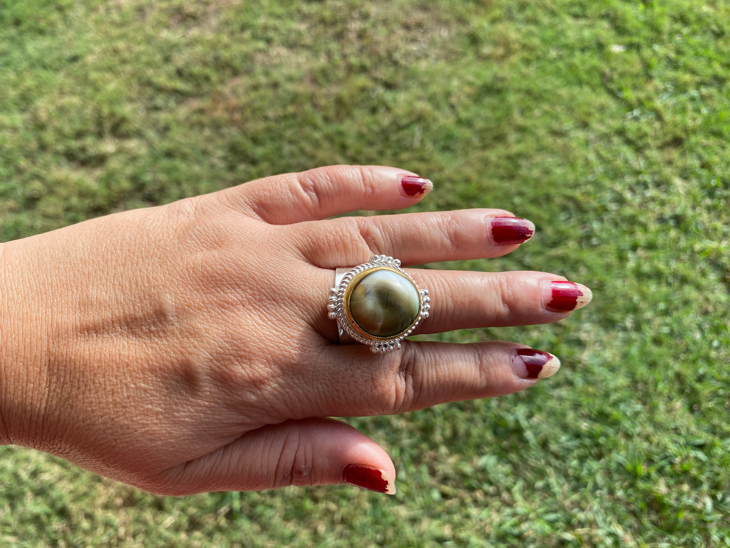 Adjustable Crunch Shell Two Tone Ring, Brushed Gold and Silver Overlay, Wide Band, Hippie Ring, Hammered Ring, Marine Inspired Ring