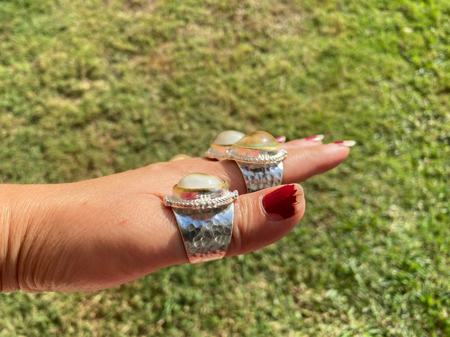 Adjustable Crunch Shell Two Tone Ring, Brushed Gold and Silver Overlay, Wide Band, Hippie Ring, Hammered Ring, Marine Inspired Ring