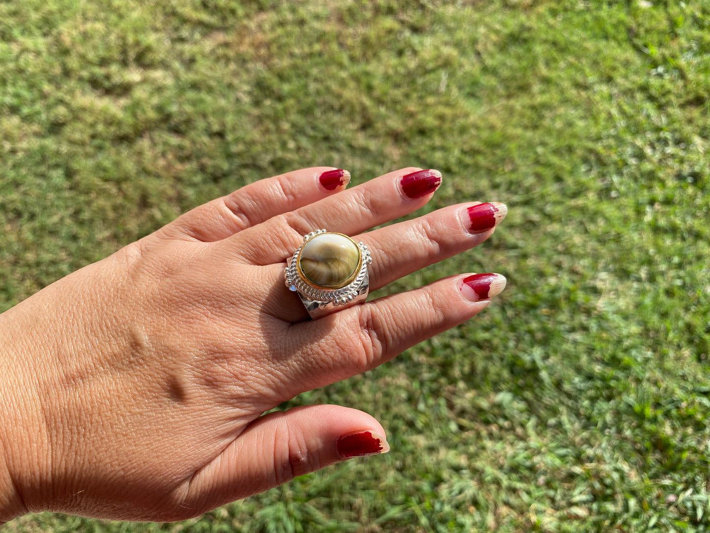 Adjustable Crunch Shell Two Tone Ring, Brushed Gold and Silver Overlay, Wide Band, Hippie Ring, Hammered Ring, Marine Inspired Ring