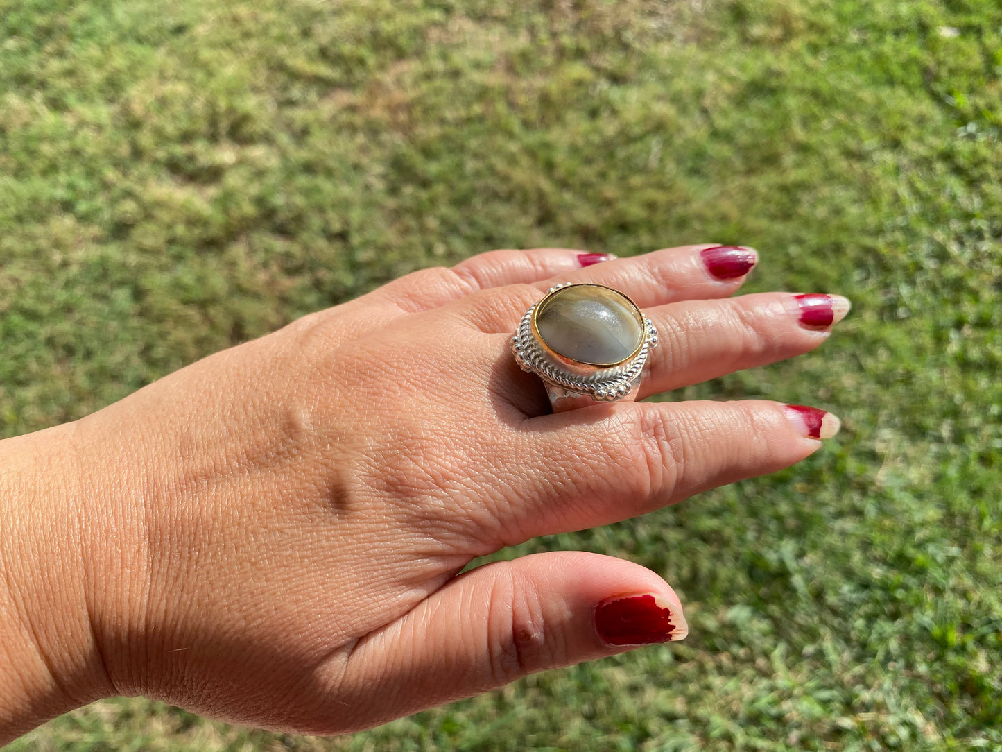 Adjustable Crunch Shell Two Tone Ring, Brushed Gold and Silver Overlay, Wide Band, Hippie Ring, Hammered Ring, Marine Inspired Ring