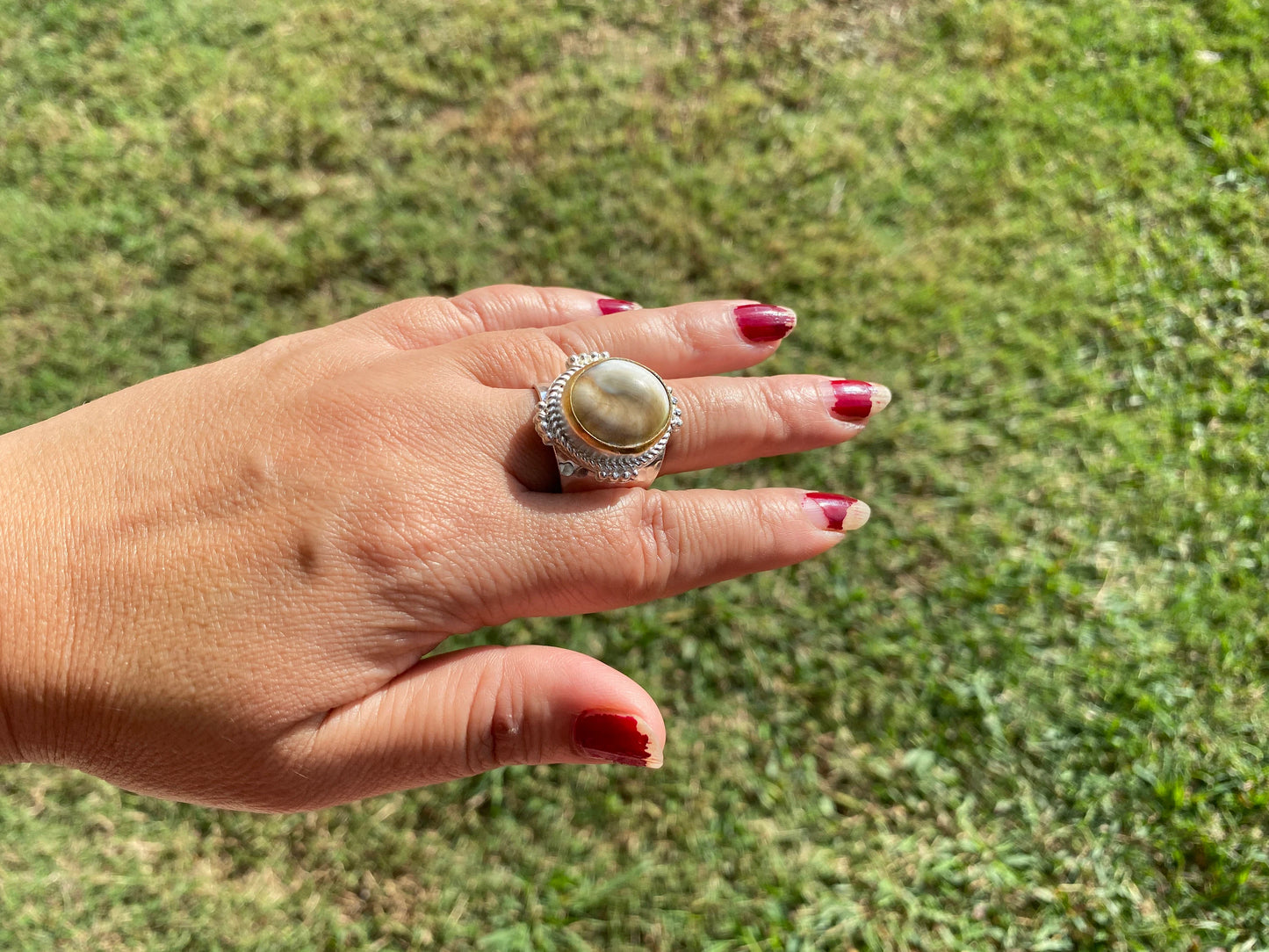 Adjustable Crunch Shell Two Tone Ring, Brushed Gold and Silver Overlay, Wide Band, Hippie Ring, Hammered Ring, Marine Inspired Ring