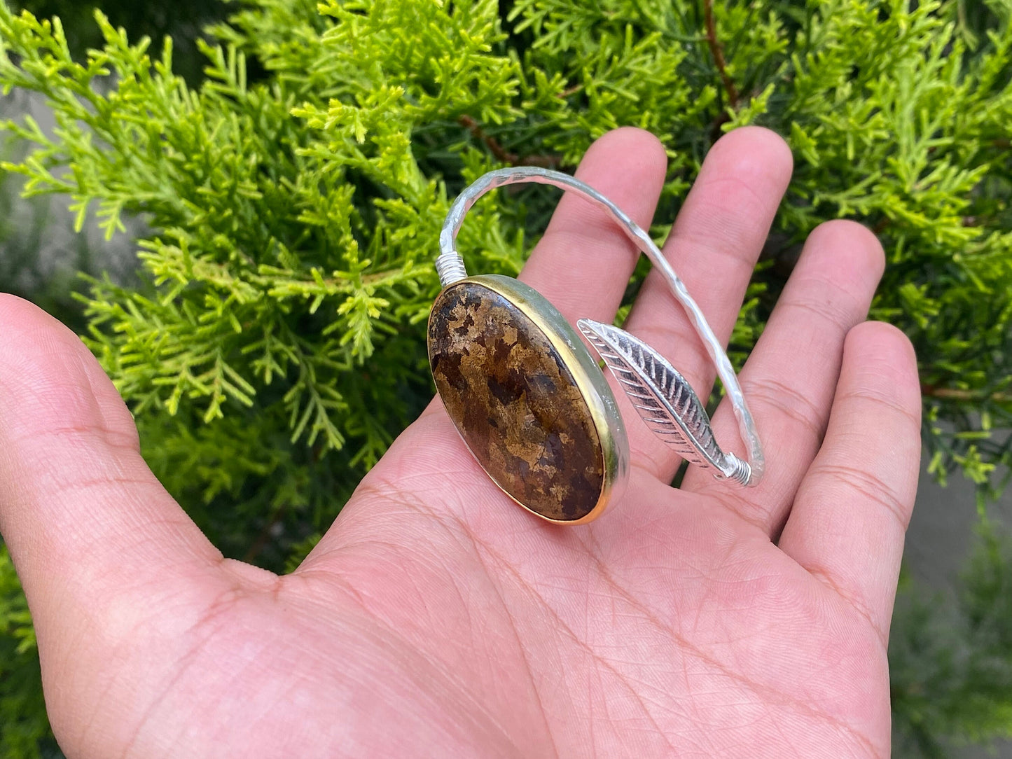 Adjustable Floral inspired Two Toned Bracelet, Brushed Gold and Silver overlay over Brass, Natural Jasper Stone Aesthetic Bracelet, Gift.