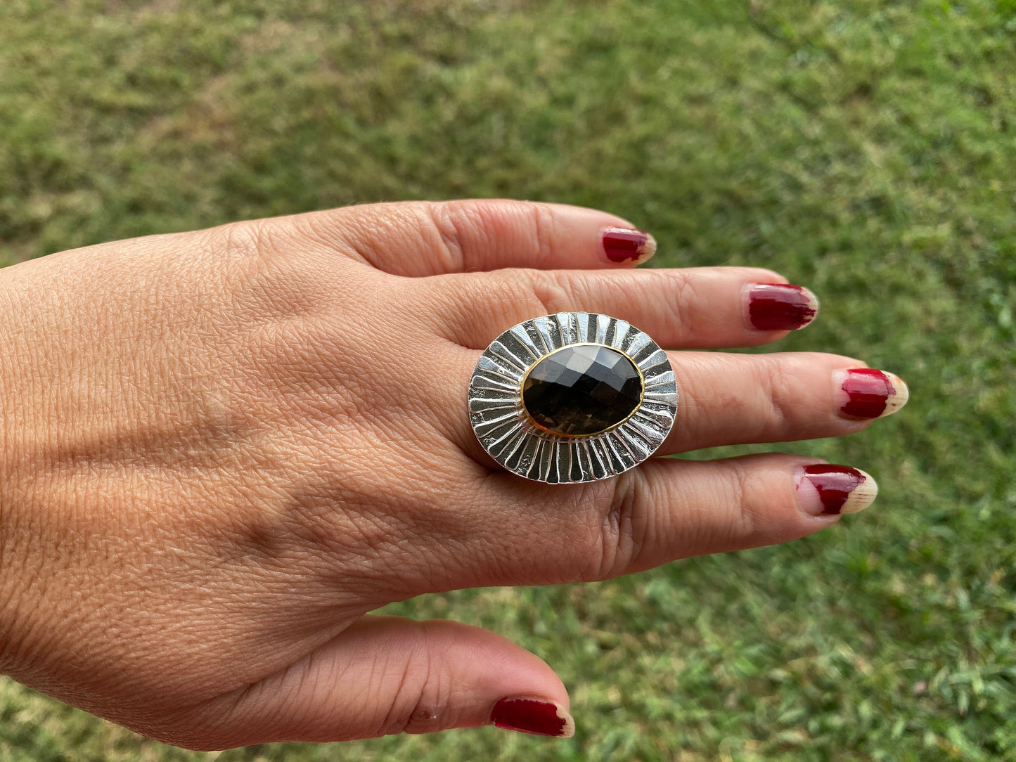 Adjustable Gemstone Two Tone Ring, Gold with Silver Overlay, Wide Band Ring, Yellow Sapphire Ring, Amazonite, Ring Smoky Topaz, Ruby Ring
