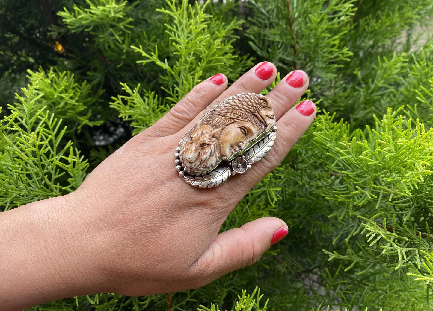 Adjustable Hand-Carved Buffalo Bone Ring | Warrior Woman with Wolf Spirit & Eagle Headdress Design, Tibetan Silver Unisex Healing Jewelry