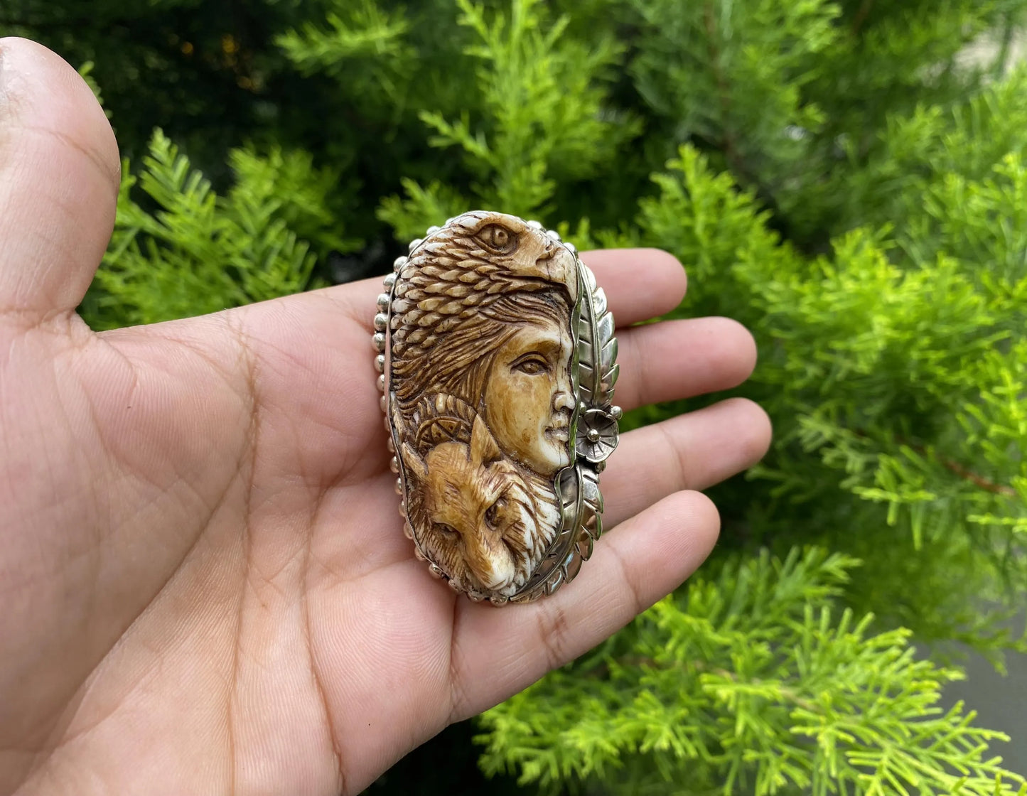 Adjustable Hand-Carved Buffalo Bone Ring | Warrior Woman with Wolf Spirit & Eagle Headdress Design, Tibetan Silver Unisex Healing Jewelry