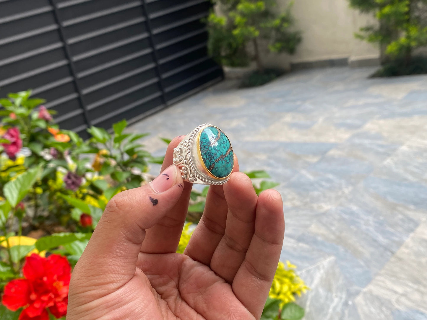 Adjustable Handmade ring adorned with Natural Turquoise, Hammered Ring, Gift Ideas, Women Ring.